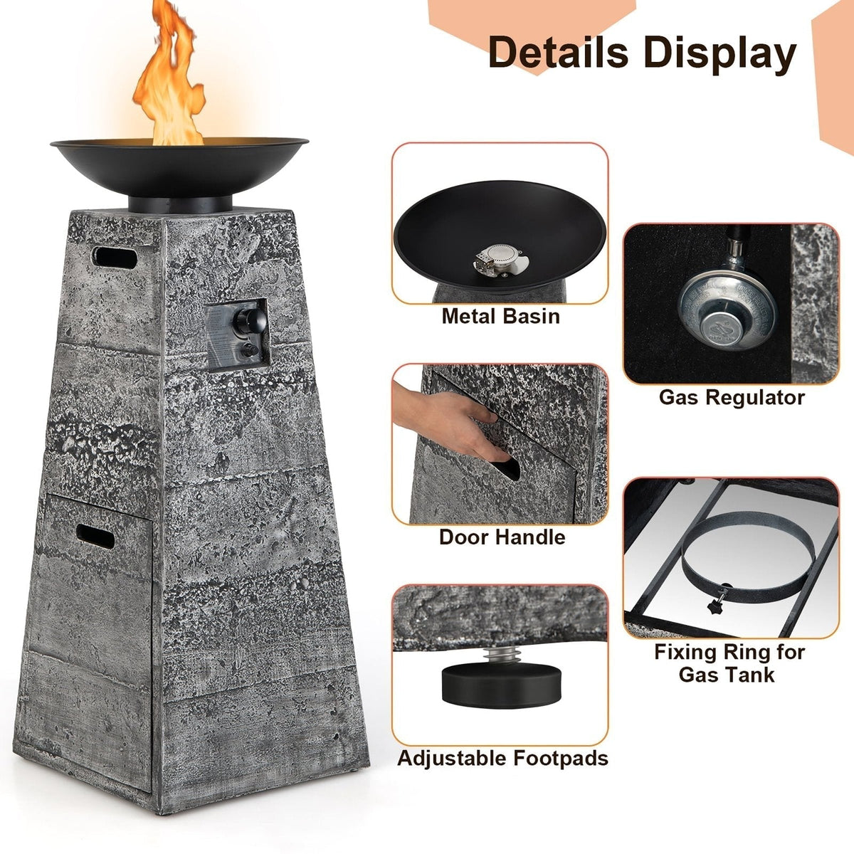 Costway 48 Inch Propane Fire Bowl Column with Lava Rocks and PVC Cover