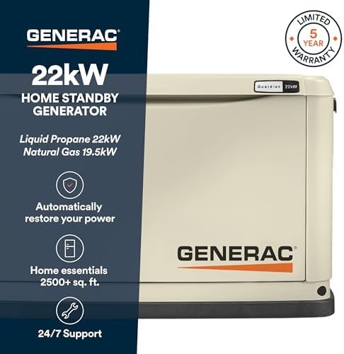 Generac Guardian 22kW Home Standby Generator with 200 Amp Transfer Switch, Durable All Aluminum, WiFi Enabled with G-Force Engine, Easy to Use, Whole House Power Backup, Smart Outage Solution – Bisque